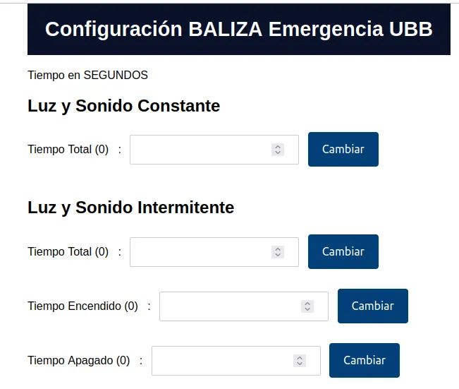 Página web de configuración de la baliza